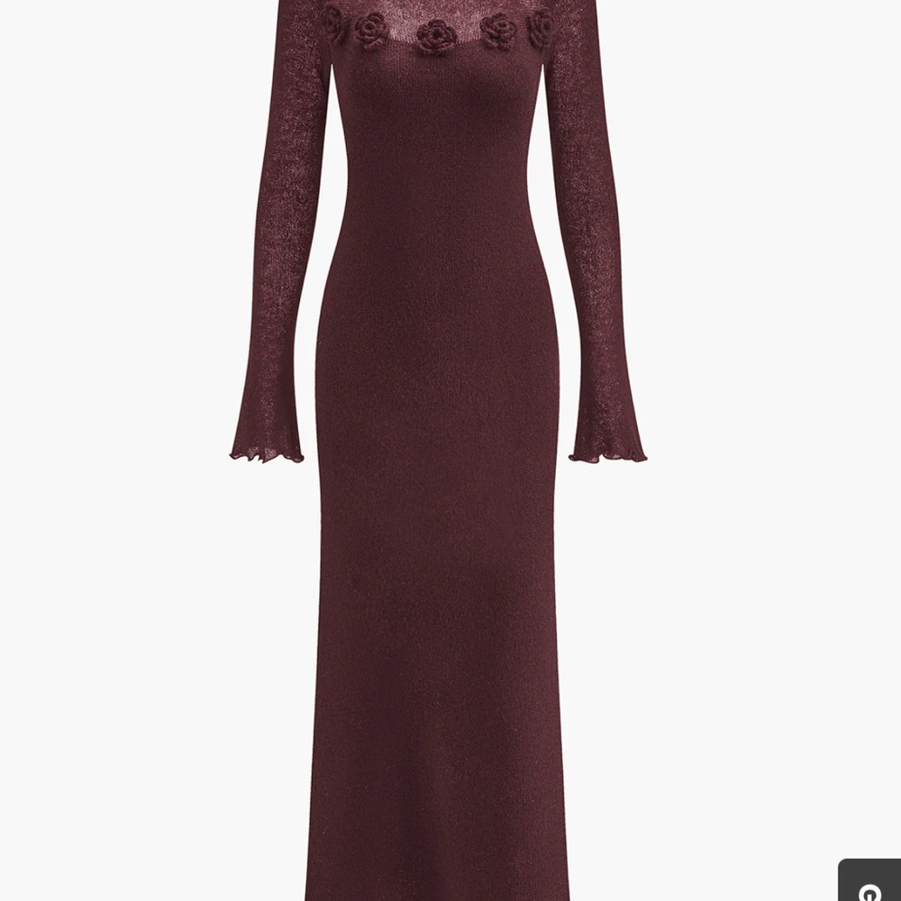 Burgundy Wool-Blend 3D Flower Lettuce Trim Sweater Long Sleeve Dress